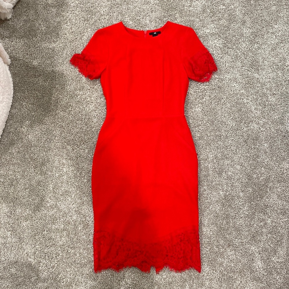 Fitted Dress with Lace Detail, Size 4, Red/Orange